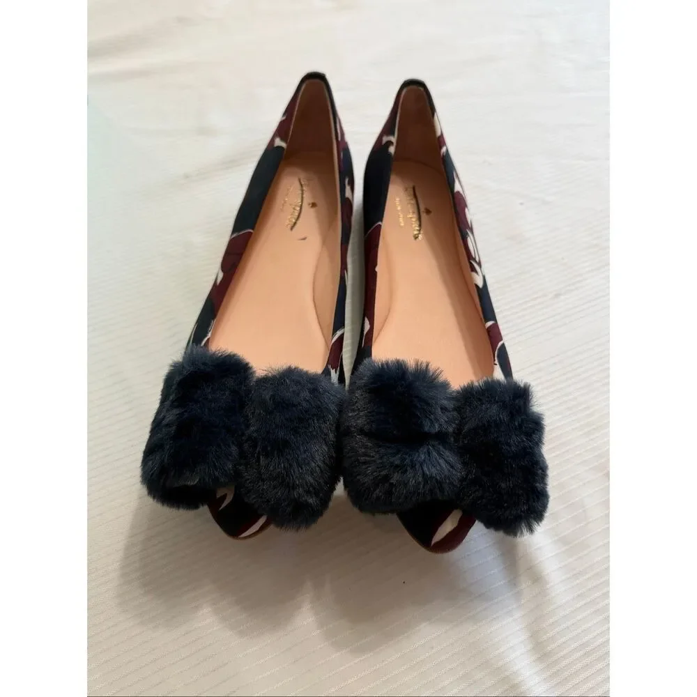 kate spade‎ Navy Floral Fur Bow Flats